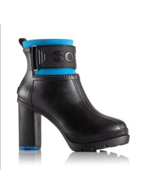 Sorel Medina III Rubber Rain Boots High Heel Chunky Platform Blue Black 7.5